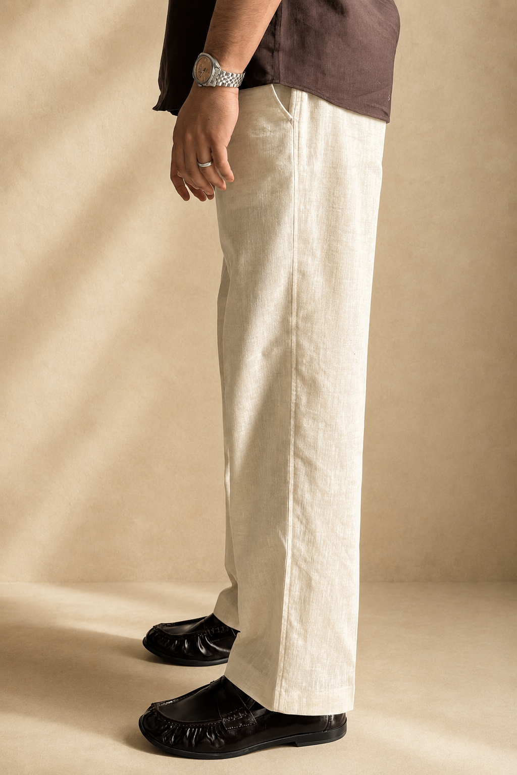Beige Linen Straight Fit Trousers