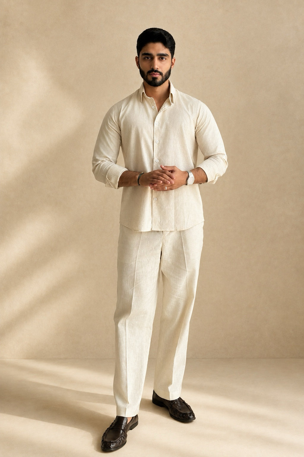 Beige Linen Slim-Fit Shirt