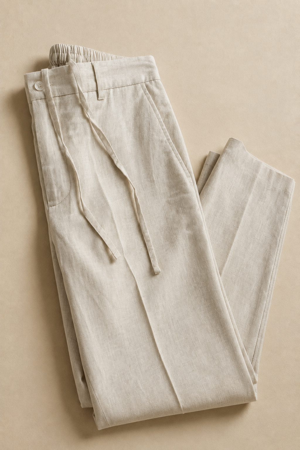 Beige Linen Straight Fit Trousers