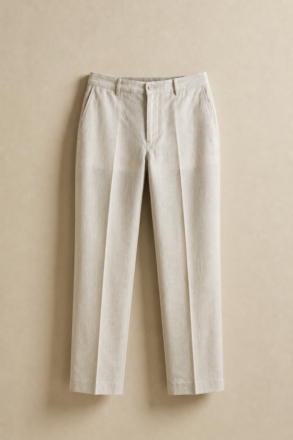 Beige Linen Straight Fit Trousers
