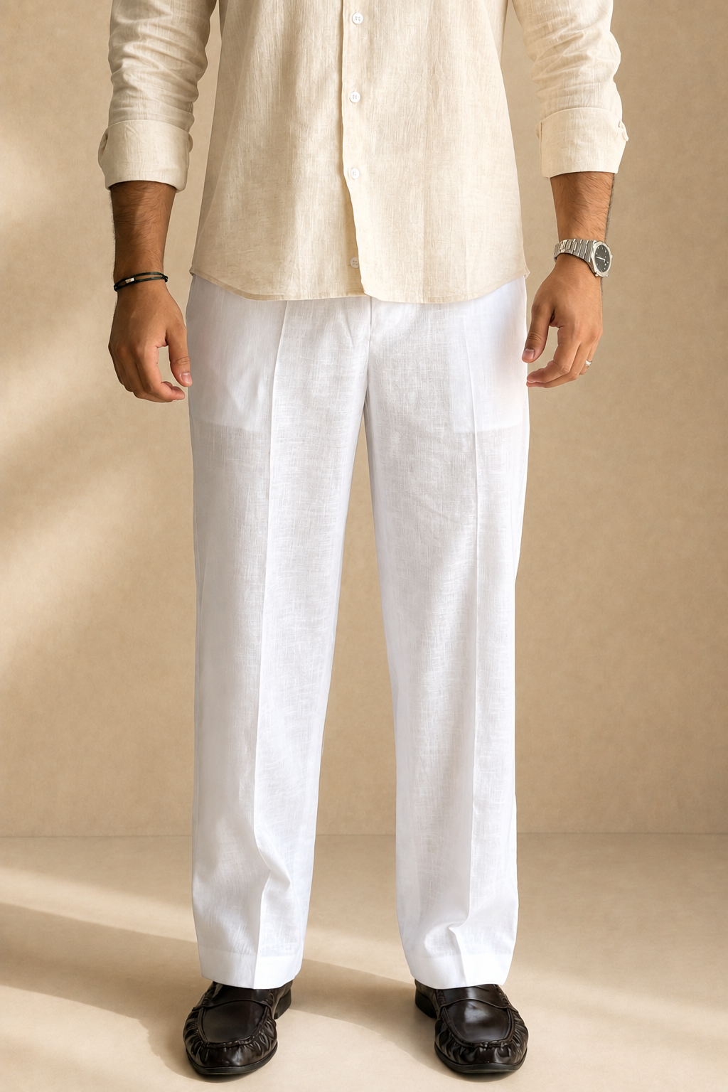 White Linen Straight Fit Trousers