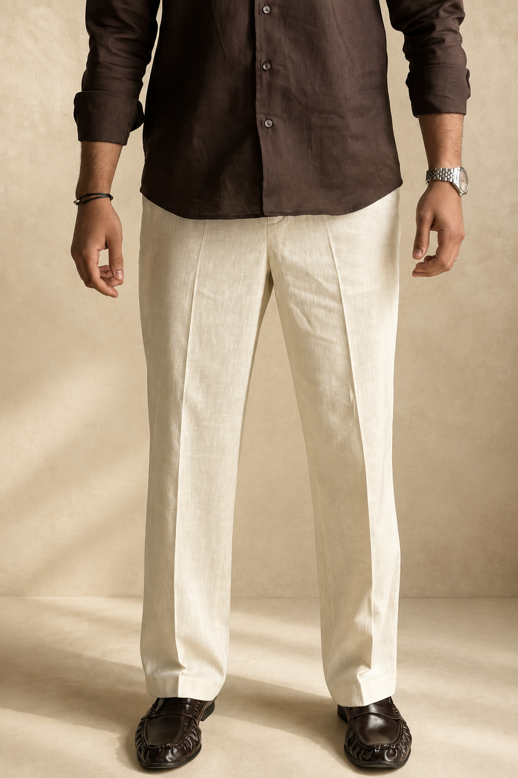 Beige Linen Straight Fit Trousers